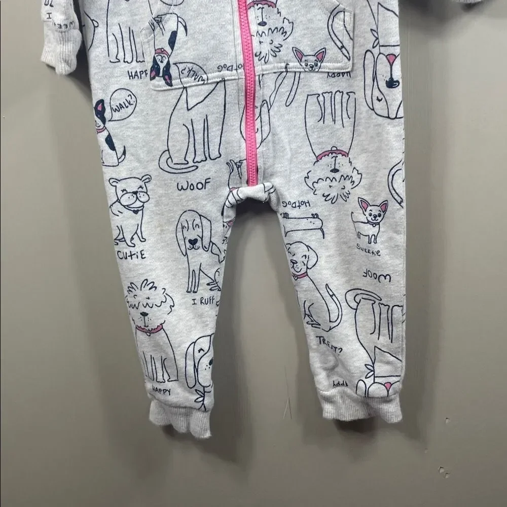 Dog Print Gray Zip‎ Up Hooded One Piece Outfit